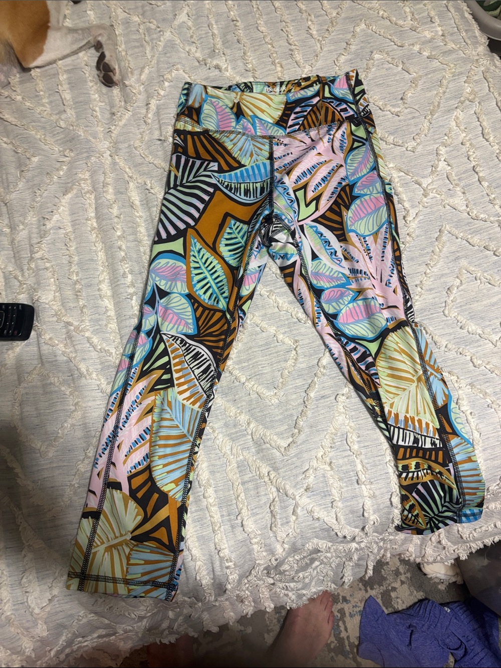 Girls Tropical Leaf Print Stretch Leggings in Pink, Blue, Green, Brown